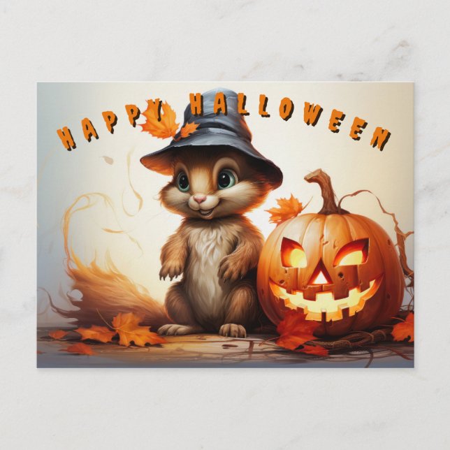 Cartão Postal De Festividades Esquilo De Halloween No Chapéu Bonito Com Abóbora (Frente)