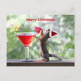 Cartão Postal De Festividades Esquilo do Natal que bebe um cocktail
