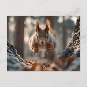 Cartão Postal De Festividades Esquilo Vermelho Saltando na Floresta Gelada