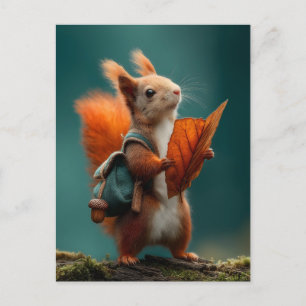 Cartão Postal De Festividades Esquilo Whimsical com mochila e Folha de outono
