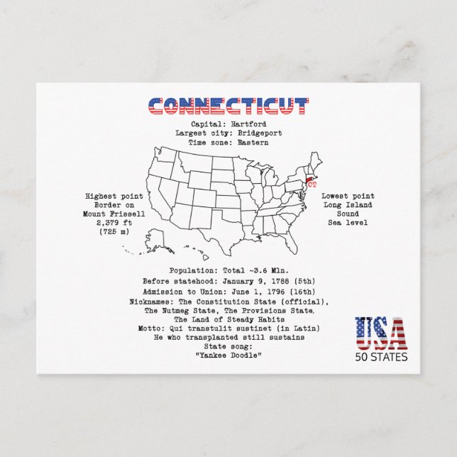 Cartão Postal De Festividades Estado americano de Connecticut em um mapa e detal (Frente)