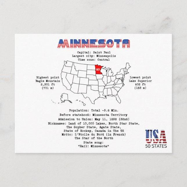 Cartão Postal De Festividades Estado Americano de Minnesota num mapa e informaçõ (Frente)