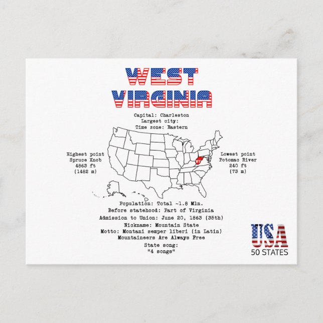 Cartão Postal De Festividades Estado Americano de West Virginia em um mapa (Frente)