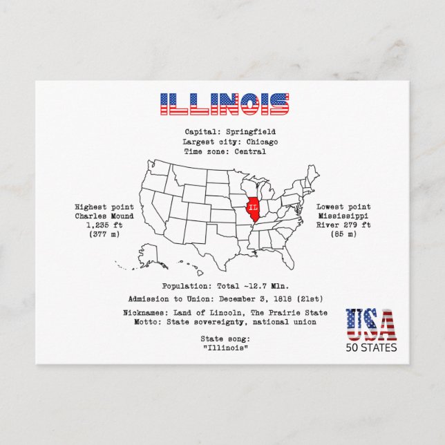 Cartão Postal De Festividades Estado Americano do Illinois em um mapa e informaç (Frente)