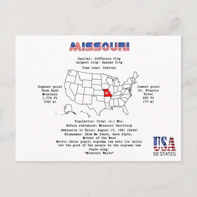 Cartão Postal De Festividades Estado americano do Missouri em um mapa e informaç (Frente)
