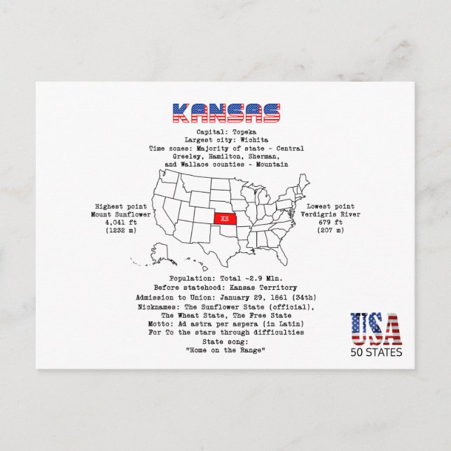 Cartão Postal De Festividades Estado do Kansas americano em um mapa e informaçõe (Frente)