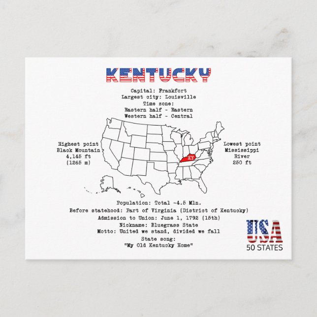 Cartão Postal De Festividades Estado do Kentucky americano em um mapa e informaç (Frente)