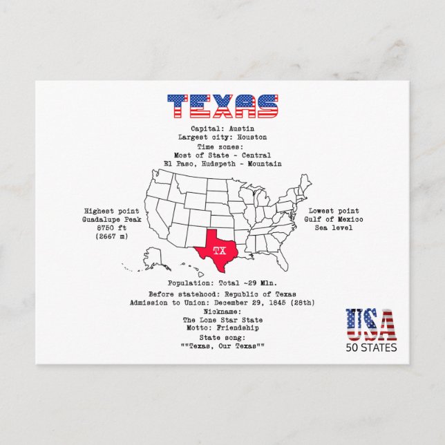 Cartão Postal De Festividades Estado do Texas americano em um mapa e informações (Frente)