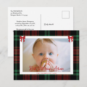 Cartão Postal De Festividades Estatísticas de Bebê Laço Vermelho Xadrez Elegante