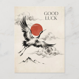 Cartão Postal De Festividades Estilo Japonês Sumi-e Design de Boa Sorte com Grou