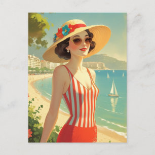 Cartão Postal De Festividades Estilo Vintage Cote D'Azur Beach Girl