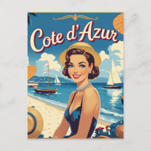 Cartão Postal De Festividades Estilo Vintage Cote D'Azur Beach Girl
