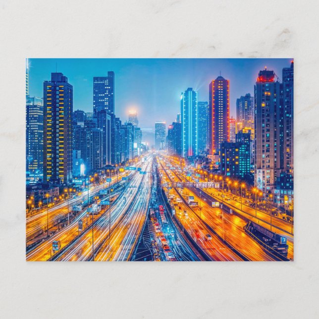 Cartão Postal De Festividades Estradas Através Da Linha Skyline Da Grande Cidade (Frente)