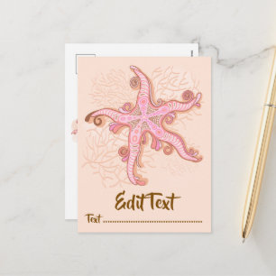 Cartão Postal De Festividades Estrelas-do-mar e Coral Padrão Pastel Rosa