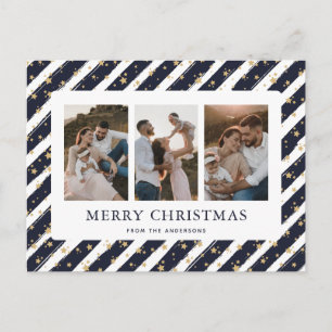Cartão Postal De Festividades Estrelas Douradas Azuis 3 Foto Feliz Natal