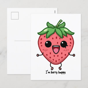 Cartão Postal De Festividades Eu sou Berry Happy, fofinha, saltando morango kawa