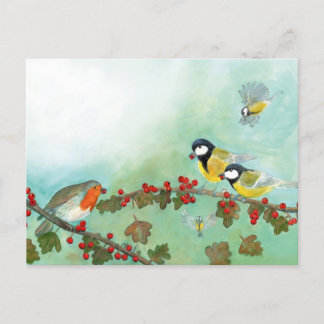 Cartão Postal De Festividades Excelente Tit Birds, Red Robin e Hawthorn Berries