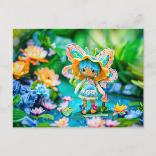 Cartão Postal De Festividades Fada crochada com flores azuis