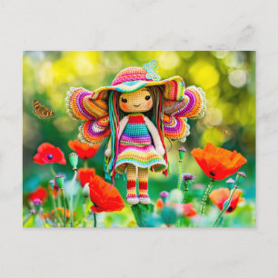 Cartão Postal De Festividades Fada crochada com flores de papoila vermelha