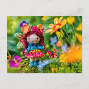 Cartão Postal De Festividades Fada Crochetada com Flores Amarelas
