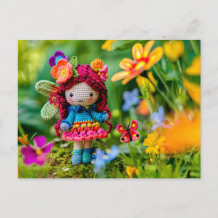 Cartão Postal De Festividades Fada Crochetada com Flores Amarelas