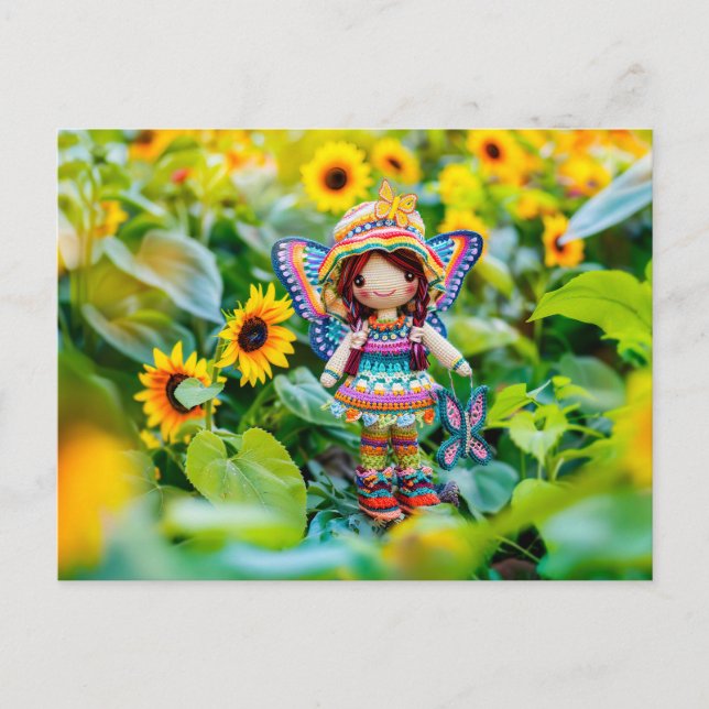 Cartão Postal De Festividades Fada crochetada com girassóis amarelos (Frente)