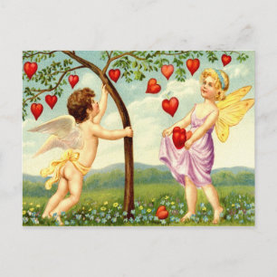 Cartão Postal De Festividades Fada e querubim dos namorados que recolhem