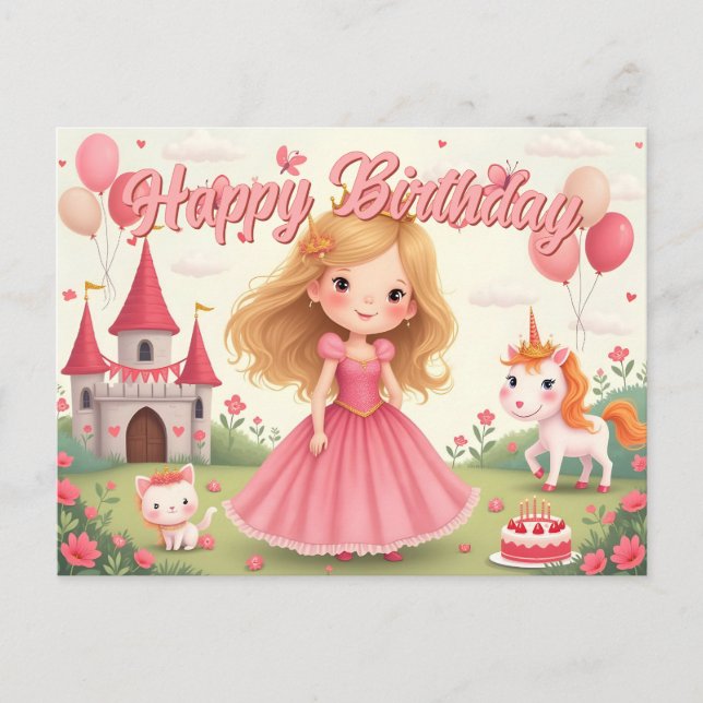 Cartão Postal De Festividades Fada Princesa Aniversário em Sonho Rosa (Frente)