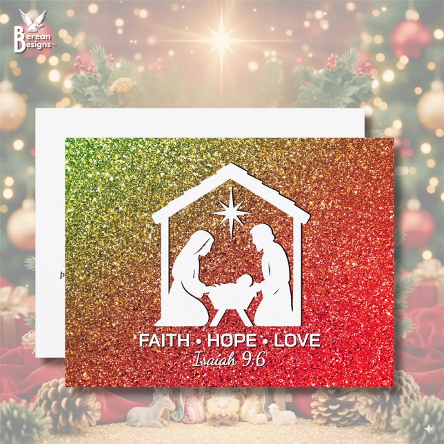 Cartão Postal De Festividades FAIE ESPERA AMOR Glitter Natal Cristão (Stylish red green glitter Christian Christmas Nativity postcard with FAITH HOPE LOVE. Customizable.)