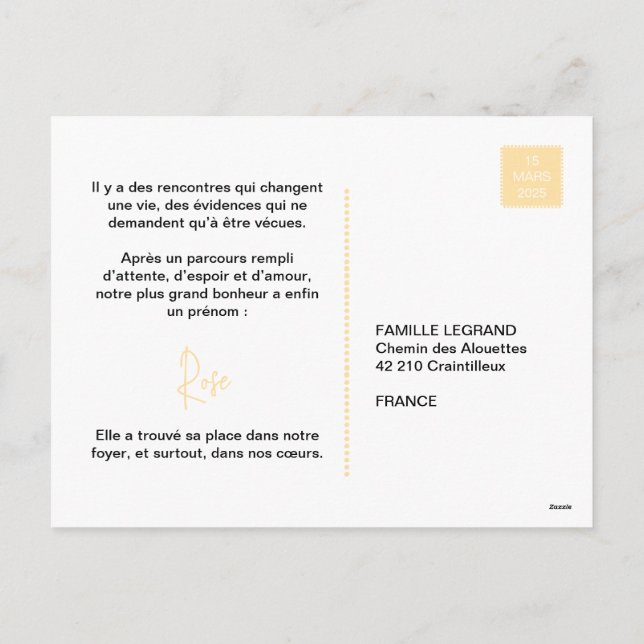 Cartão Postal De Festividades Faire-Part d'adoption "Rose" (Verso)