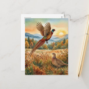 Cartão Postal De Festividades Faisão para Sempre . Arte em aquarela