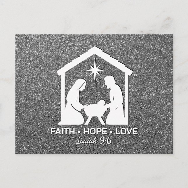Cartão Postal De Festividades FAITH HOPE LOVE Silver Glitter Christian Christmas (Frente)