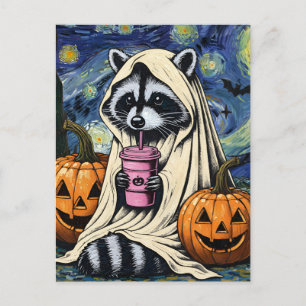 Cartão Postal De Festividades Fall Halloween Ghost Pumpkin Raccoon Spook