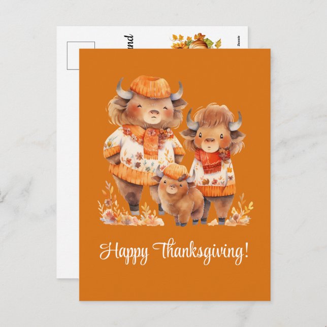 Cartão Postal De Festividades Família de Buffalos Felizes Ação de Graças (Frente/Verso)