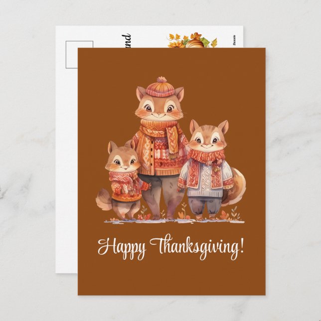 Cartão Postal De Festividades Família de Chipmunks Feliz Ação de Graças (Frente/Verso)