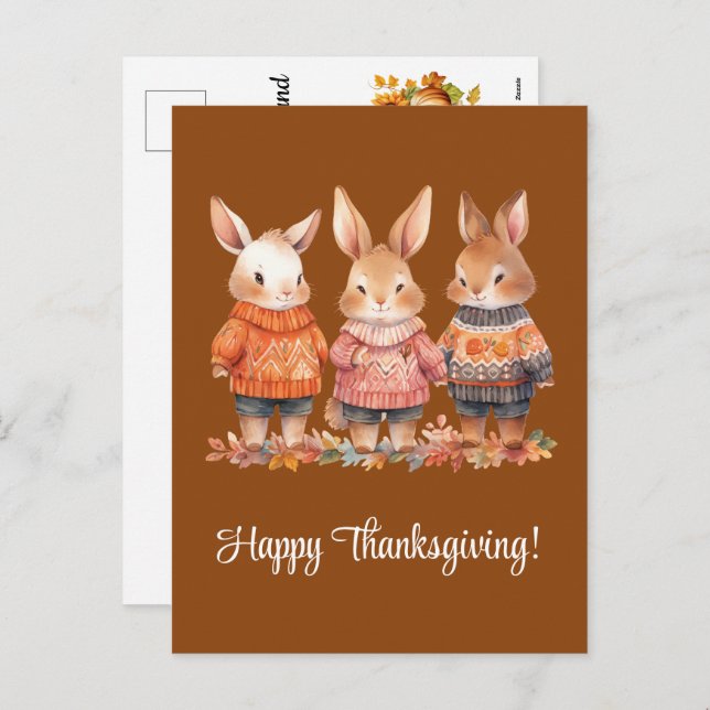 Cartão Postal De Festividades Família de Coelhos Feliz Ação de Graças (Frente/Verso)