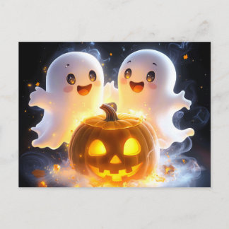Cartão Postal De Festividades Família de Fantasmas Fofos Abóbora de Halloween No