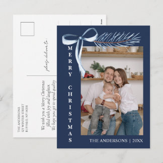 Cartão Postal De Festividades Família de Fotos de Galho de Pinheiro com Laço Azu