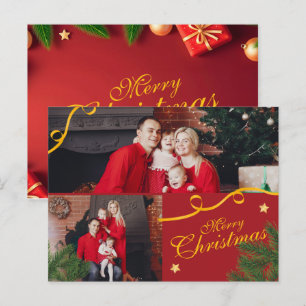 Cartão Postal De Festividades Família de Fotos Vermelhas e Douradas Feliz Natal 