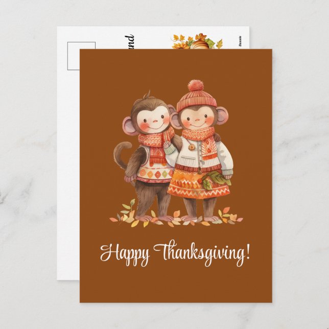Cartão Postal De Festividades Família de Macacos Feliz Ação de Graças (Frente/Verso)
