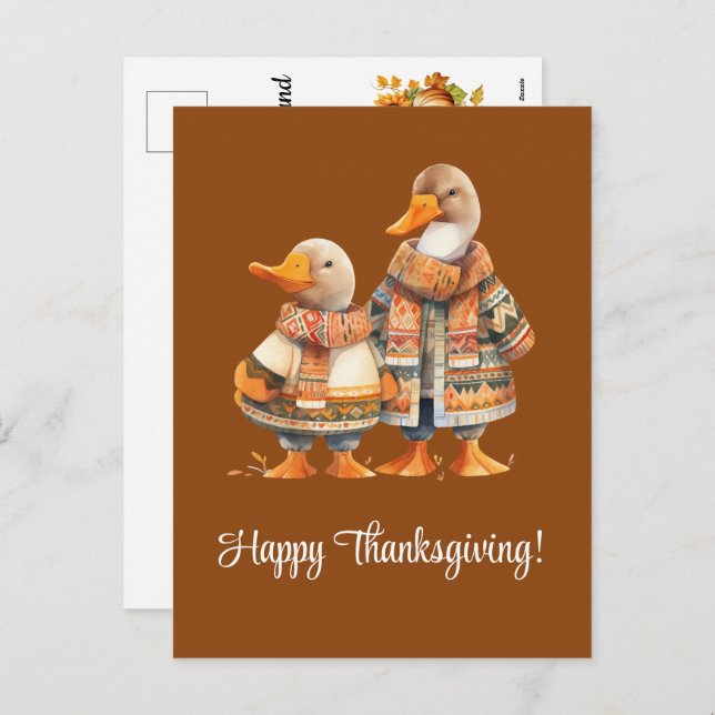 Cartão Postal De Festividades Família de Patos Feliz Ação de Graças (Frente/Verso)
