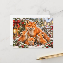 Cartão Postal De Festividades Família de Raposa de Natal – Floresta em Aquarela