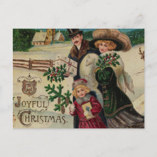 Cartão Postal De Festividades Família e Vila Vitorianas Feliz de Natal