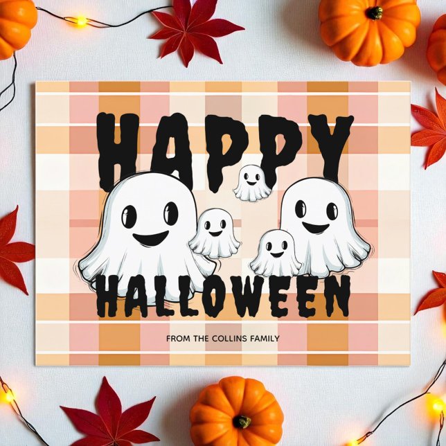 Cartão Postal De Festividades Família Fantasma Ghost Moderno Laranja Feliz Dia d (Cute Ghost Family Modern Orange Happy Halloween Holiday Postcard)