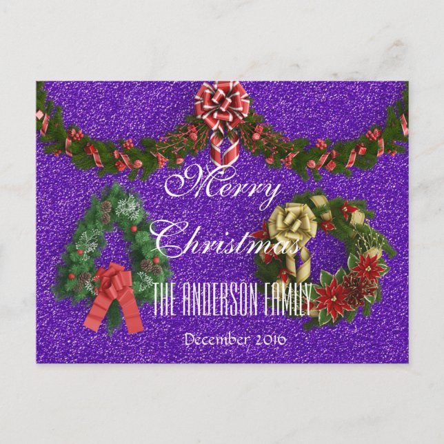 Cartão Postal De Festividades Família Feliz Natal Dezembro de 2016 Wreath Purple (Frente)