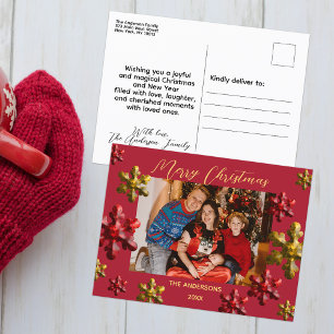 Cartão Postal De Festividades Família Floco de Neve Dourado Vermelho Foto Natal