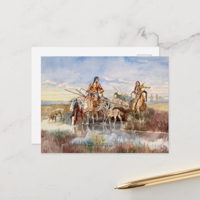 Cartão Postal De Festividades Família Indiana com Travois por Charles M. Russell (Frente/Verso In Situ)