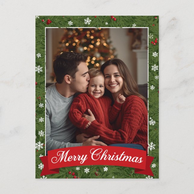 Cartão Postal De Festividades Família Personalizada Foto de Natal Greenery (Frente)
