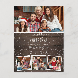 Cartão Postal De Festividades Família Rustic Wood & Snow 4 Foto Feliz Natal