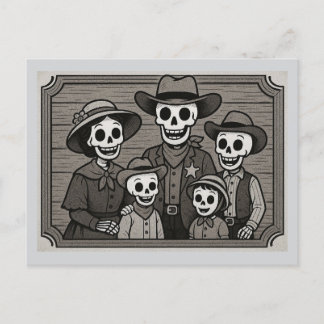 Cartão Postal De Festividades Família Skeleton no retrato ocidental